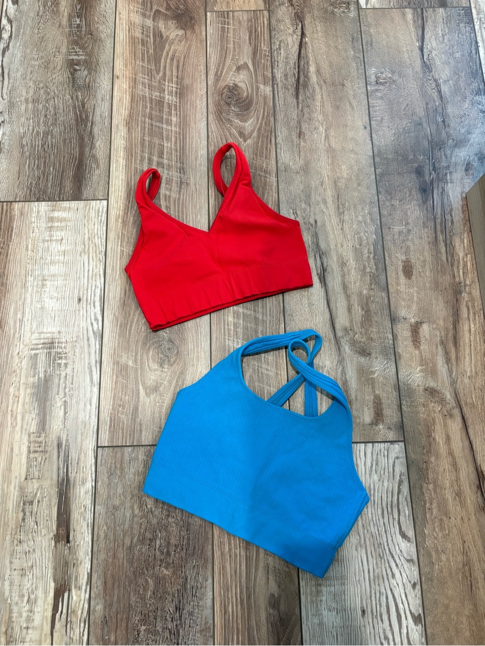 Fabletics Red V-Neck Bralette & Blue Strappy Sports Bra Duo